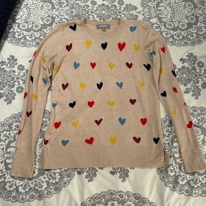 Marled Beige Sweater with Colorful Heart Motif